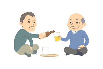 おじいさんのグラスにビールを注ぐ男性のイラスト