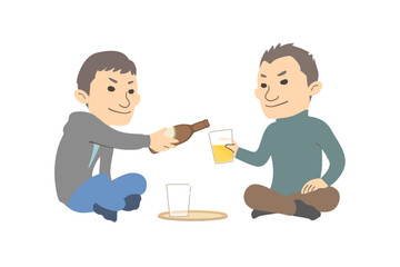 あぐらをかいてサシ飲みする親子