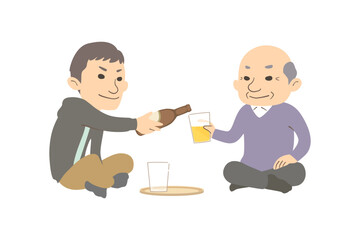 向かい合って晩酌する孫とおじいさん