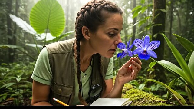 Female botanist examining a blue flower in a lush forest.