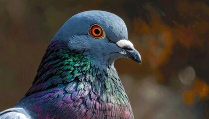 Close-up of a domestic pigeon with vibrant iridescent feathers detail capture