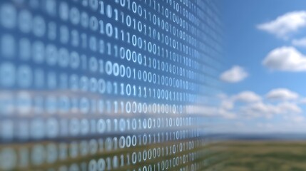 A digital stream of glowing binary code overlays a serene landscape of blue sky and clouds