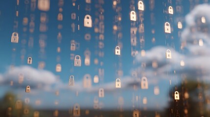 Golden lock icons and binary code falling like digital rain against a bright blue sky with clouds symbolizing online security