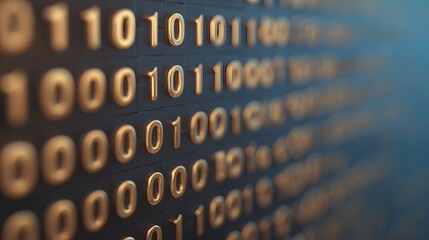 Close up of golden binary code numbers forming a digital stream on a dark textured background with soft lighting