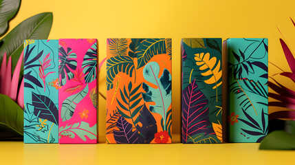 Vibrant tropical leaf patterned notebooks on yellow background