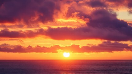 Obraz premium Stunning Sunset Over Calm Ocean Waters with Dramatic Clouds and Vibrant Colors