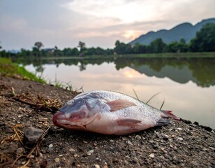 Fish on the edge of a still lake with a mountain backdrop