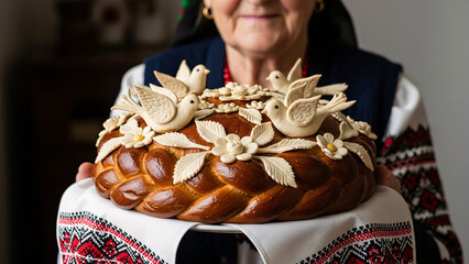 Elderly woman presenting traditional ceremonial bread with symbolic decorations

