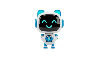 Cute smiling robot with blue accents and antenna ears on transparent background