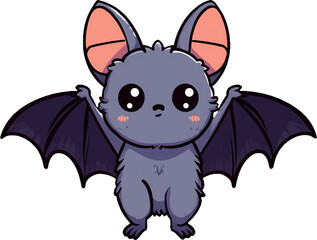 Adorable kawaii purple bat cartoon character with big eyes and a friendly smile.