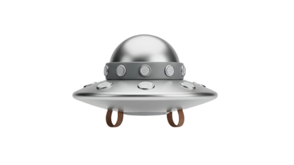 Silver UFO Flying Saucer with Brown Landing Gear on transparent background