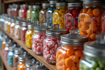 Colorful candies in glass jars on wooden shelves