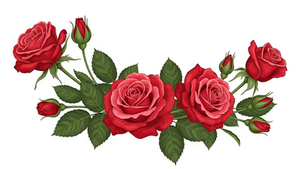 Fototapeta premium Red Roses Bouquet with Buds and Green Leaves
