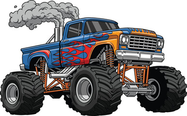 Monster truck illustration, lifted pickup with flames design, extreme off road vehicle, powerful wheels, automotive sport vector artwork © Its Marjia's World