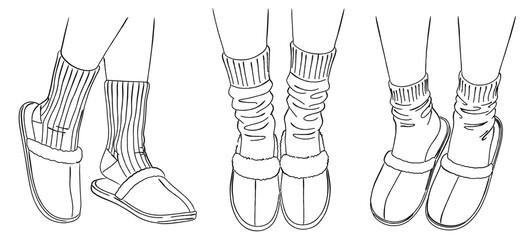 ルームシューズと靴下の足元の線画｜休息と日常