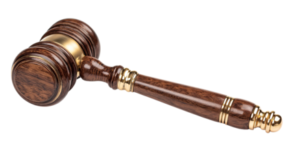 Dark Wooden Gavel with Gold Accents and Ornate Details Isolated on Transparent Background