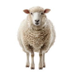 Fototapeta premium Fluffy White Sheep Standing Directly Facing Camera Isolated on Transparent Background