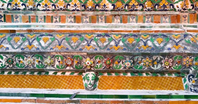 Close up view of Intricate pattern on the Wat Arun temple in Bangkok, Thailand.