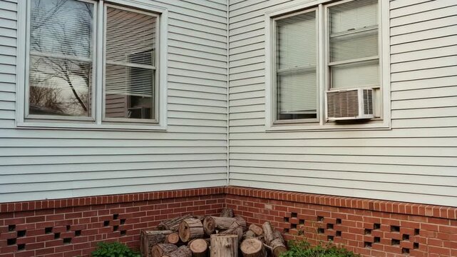 Exterior corner of a suburban house with white vinyl siding and a red brick foundation. A window air conditioner unit is installed for seasonal cooling and climate control