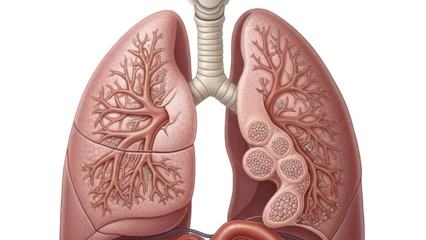 Detailed anatomical illustration of human lungs showing respiratory disease, inflammation, or infection concepts