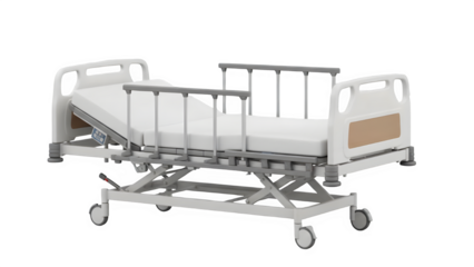 Modern adjustable hospital bed with side rails on wheels, professional medical furniture 3D render