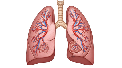 Anatomical human lungs illustration showing internal respiratory system with veins and bronchial branches