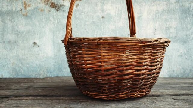 A beautifully crafted, empty wicker basket with a sturdy handle stands prominently on a weathered, dark wooden surface. The background features a distressed, light blue wall with subtle textural varia