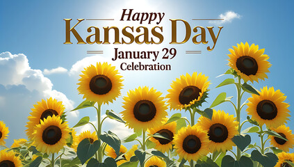A sunny field of big yellow sunflowers beneath a blue sky, with “Happy Kansas Day” in white script and a “January 29 Celebration”, HD and 4k image
