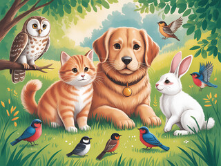 Serene Cartoon Illustration of Dog, Cat, Rabbit, and Birds in Lush Green Meadow Scene ...