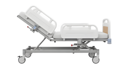 Profile view of an adjustable hospital bed with side rails, professional medical equipment for patient care