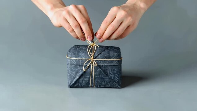 High resolution 4K stock video showing sustainable gift wrapping Furoshiki zero waste style on neutral gray background highlighting eco friendly decorative techniques lifestyle crafts 