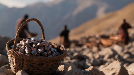 Basket full of mined ore on a rocky landscape, with figures in the background, symbolizing hard work and resource extraction in a mountainous environment under sunlight.