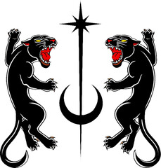 Dual black panthers flanking a celestial star and crescent moon mystic emblem.