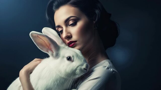 Mysterious brunette woman in a fine art portrait gently cuddling a fluffy white rabbit. Conceptual banner representing animal care, kindness and a cruelty free lifestyle