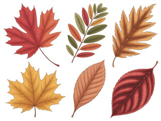 Vibrant Autumn Leaves Collection - Hand-Drawn Illustrations of Maple, Oak, and More on White Background