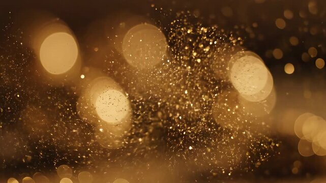 Extreme close-up of diffused warm golden light particles slowly shimmering and floating in the air against a blurry soft bokeh backdrop tranquil, diffused warm golden light particles, atmospheric