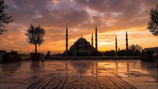 A breathtaking wide shot captures a magnificent historical building with multiple grand domes and towering minarets, silhouetted against an intensely colorful sunset or sunrise sky. The sky bursts wit