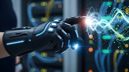 A robotic hand touches glowing energy waves amidst a futuristic server room environment