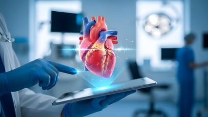 A doctor in blue gloves holds a tablet displaying a detailed 3D heart