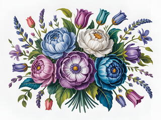 Vibrant Floral Bouquet Illustration Featuring Pastel Colored Flowers and Foliage on White Background ...