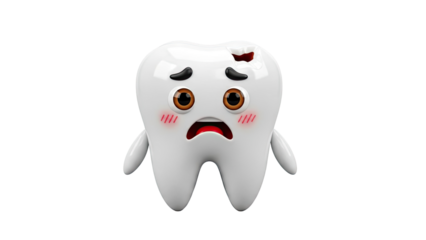 Sad cartoon tooth with a cavity on transparent background