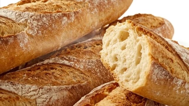 A captivating close-up highlights a delicious collection of freshly baked, crusty loaves of bread presented against a pristine white background. The inviting golden-brown crust, subtly dusted with flo