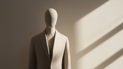 A mannequin standing tall and proud, adorned in a pristine ivory suit. Bathed in the warm embrace of gentle light, casting captivating shadows on the wall behind it, timeless elegance.