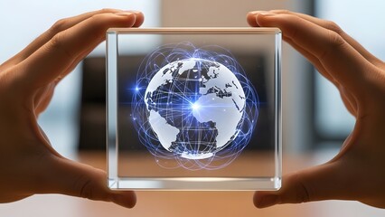 Hands hold a transparent cube displaying a glowing world map with intricate blue network connections