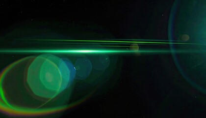 A vibrant green lens flare streaks across a dark, star-speckled space
