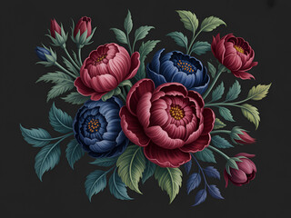 Vibrant Floral Embroidery Design with Red and Blue Peonies on Black Background Vector Illustration