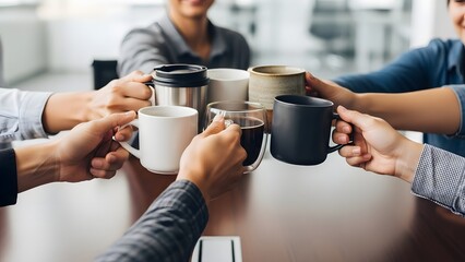 Diverse hands are clinking multiple coffee mugs together in a cheerful office setting