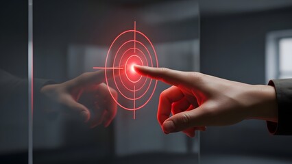 A person's finger touches a glowing red target on a dark interactive screen