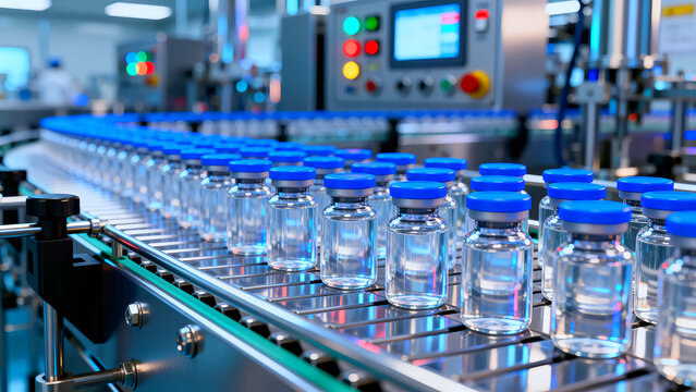 Rows of clear pharmaceutical vials with bright blue stoppers moving along a sterile, automated conveyor belt system in a modern production facility