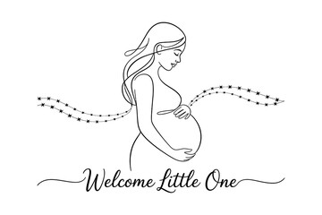 A pregnant woman with a starry design and the words 'Welcome Little One'